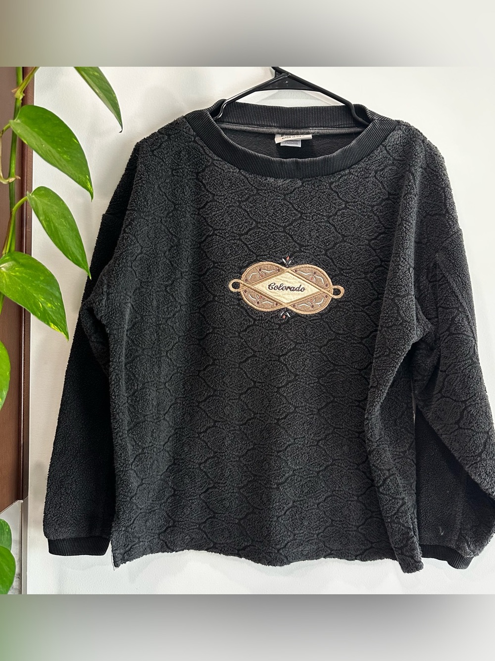 Vtg Colorado Embroidered Charcoal Grey Patterned Fleece Pullover Med Granola